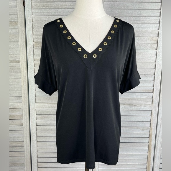 MICHAEL (Michael Kors) Cold Shoulder Blouse w Gold Grommet V Neckline Black-M - Picture 1 of 4